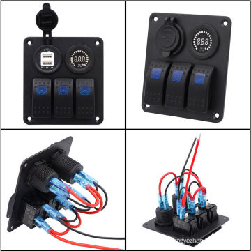 3 Gang Voltmeter Car Rocker Switch Panel Dual USB Charger